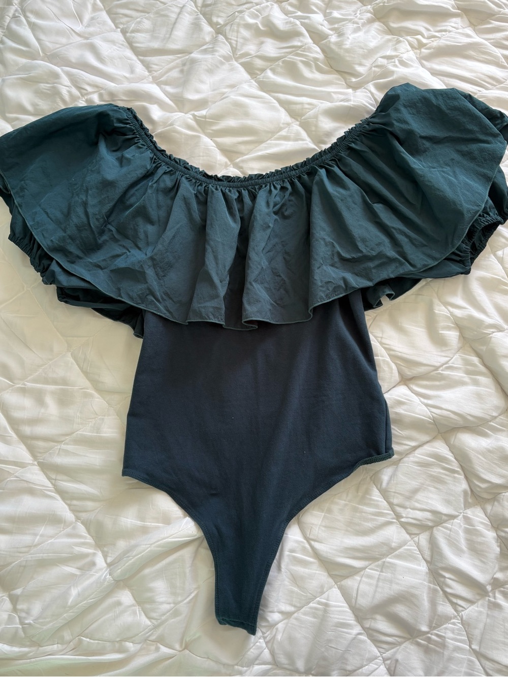 Free People Dark Teal Off-Shoulder Ruffle Bodysuit